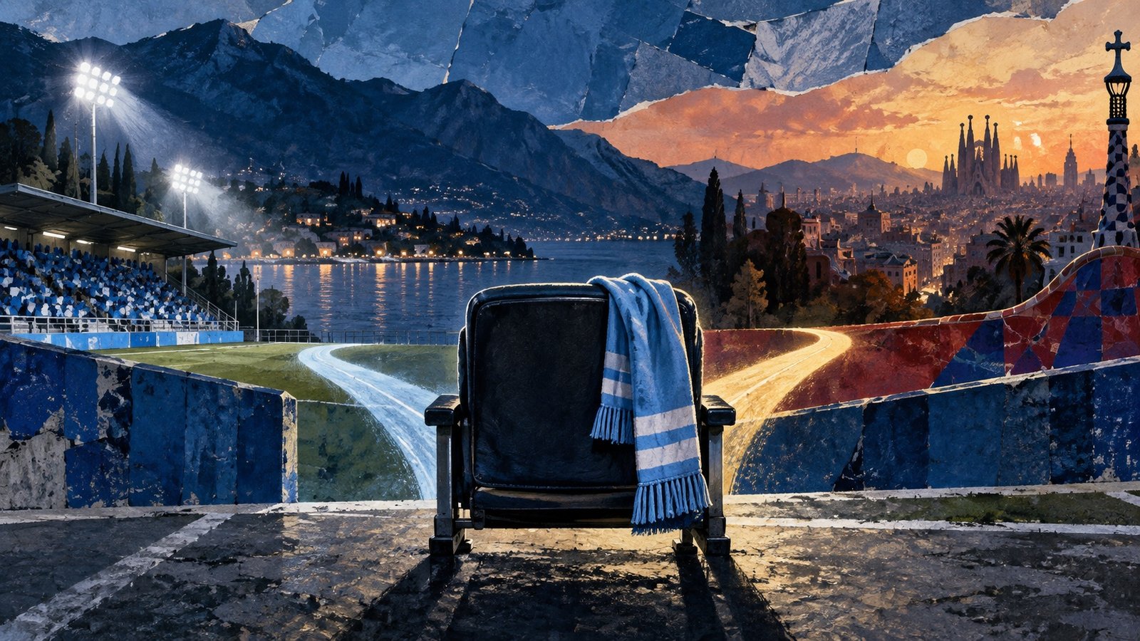 AI editorial illustration of an empty touchline chair and Como-blue scarf between a lakeside ground and a distant red-and-blue city skyline