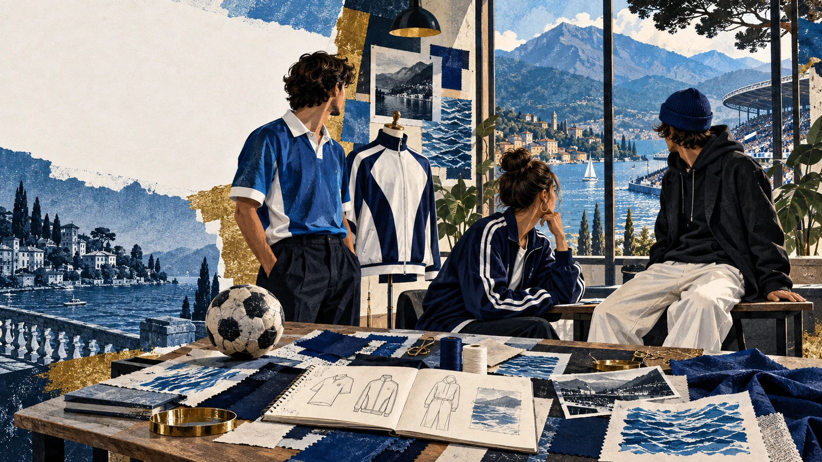 AI editorial illustration of young supporters, blue football clothing and design materials in a Lake Como fashion studio