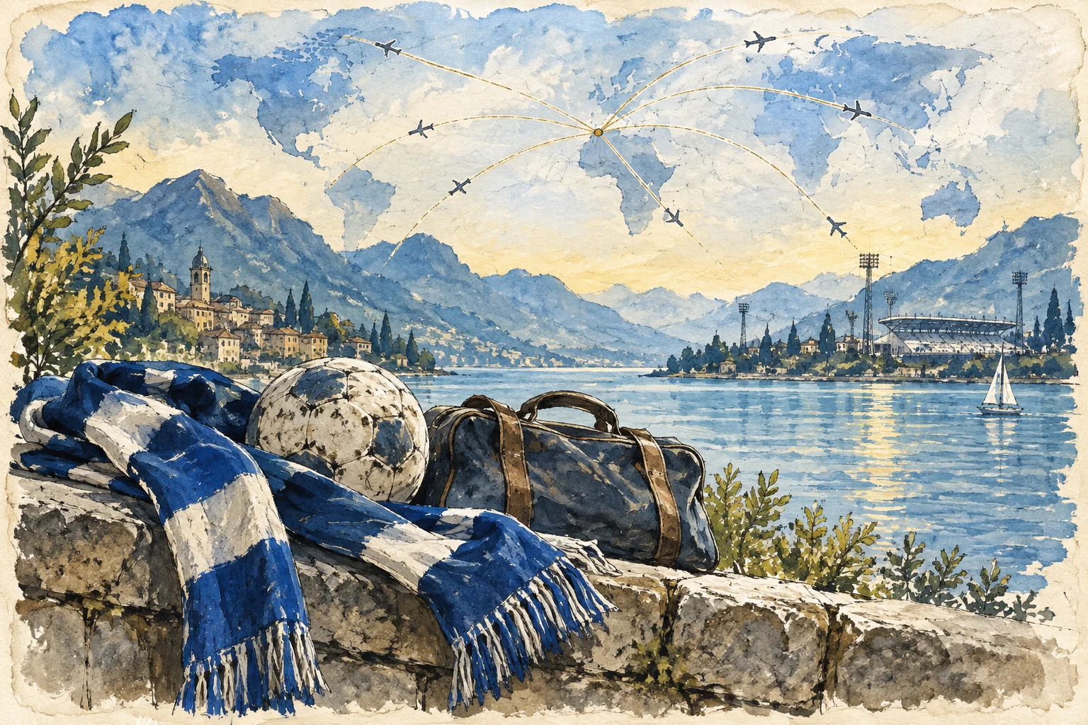Watercolor travel-journal illustration of a blue-and-white football scarf, ball and travel bag beside Lake Como with routes drawn across the sky