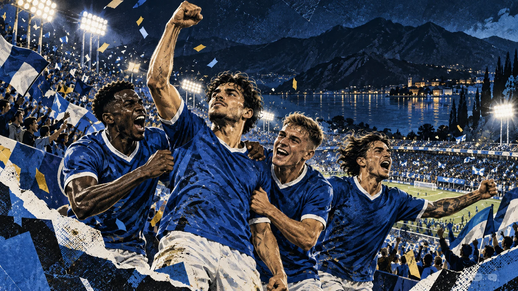 AI editorial illustration of four fictional blue-shirted footballers celebrating a European victory in a packed lakeside stadium