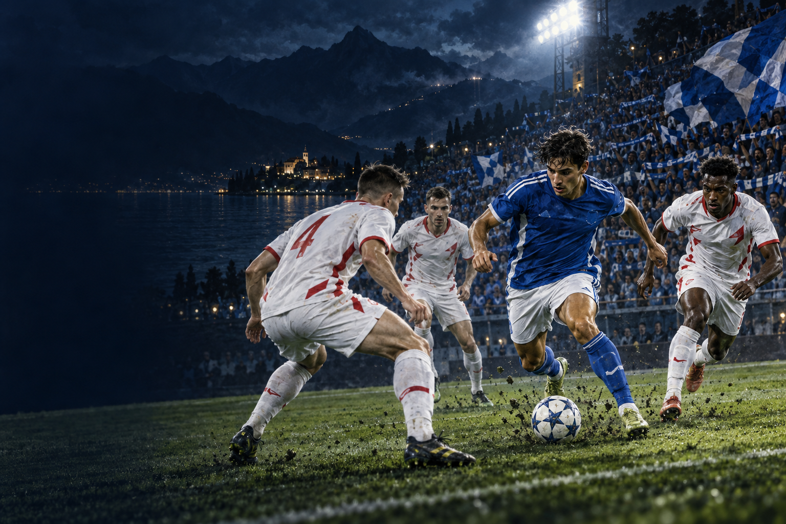 AI editorial illustration of a fictional blue-shirted footballer carrying the ball against three white-and-red opponents at a packed lakeside stadium