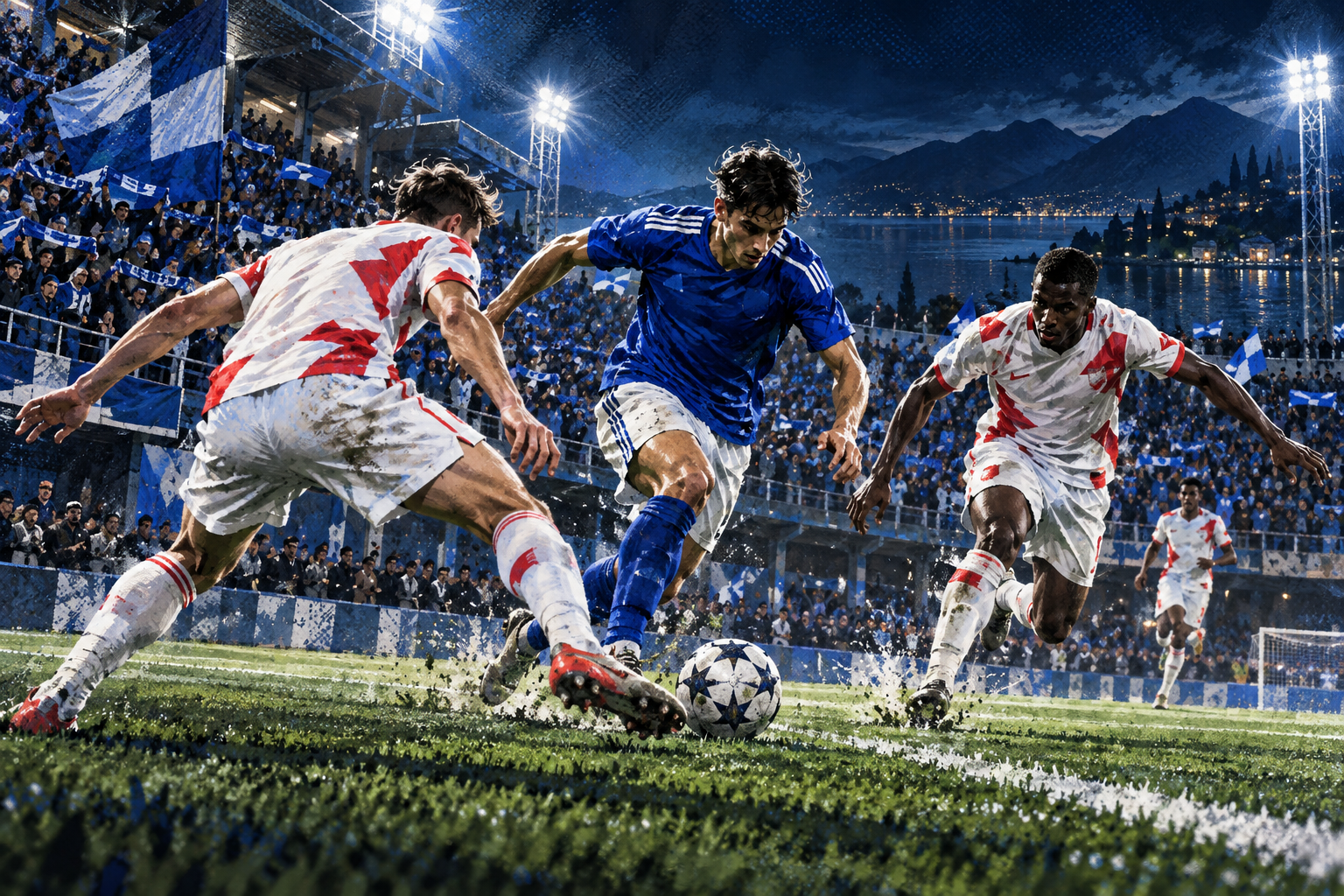 AI illustration of a Como player carrying the ball against two opponents under the Sinigaglia floodlights