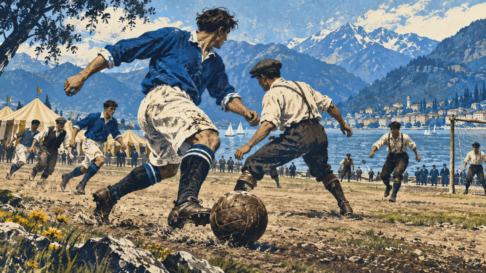 Editorial illustration imagining an early football match on the Lake Como shore in 1906