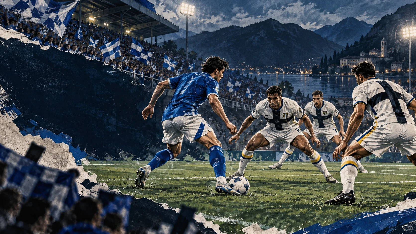 AI editorial illustration of a fictional blue-shirted Como attacker facing a compact line of white-shirted Parma defenders at a lakeside stadium