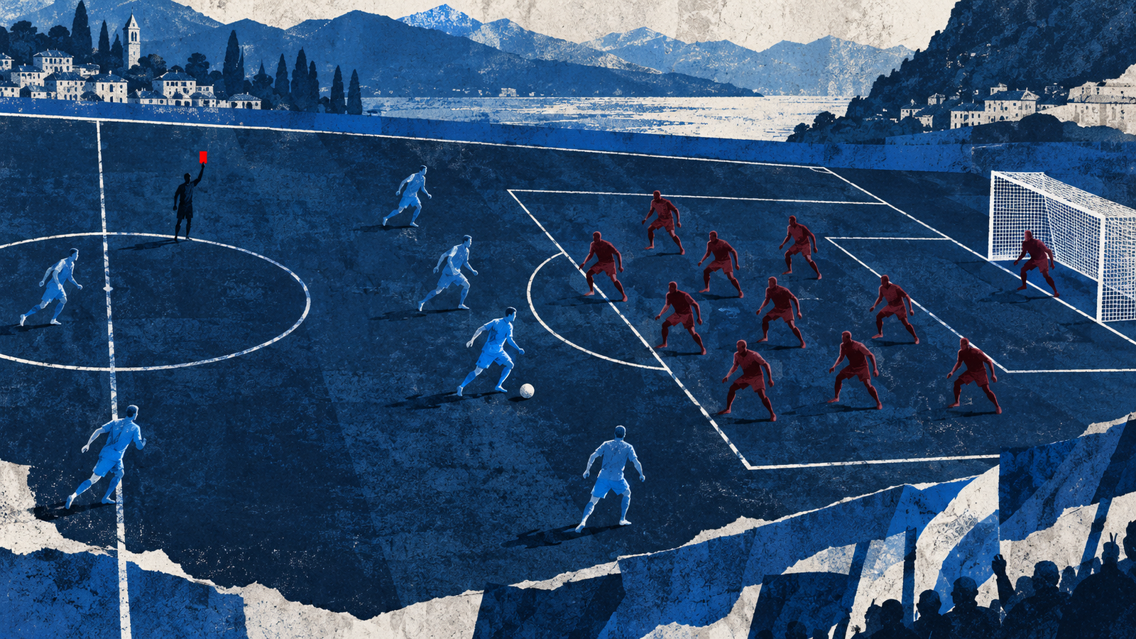 AI editorial illustration of anonymous Como-blue attackers probing a compact burgundy defensive block of ten, with a referee showing a red card; not a depiction of the actual match.