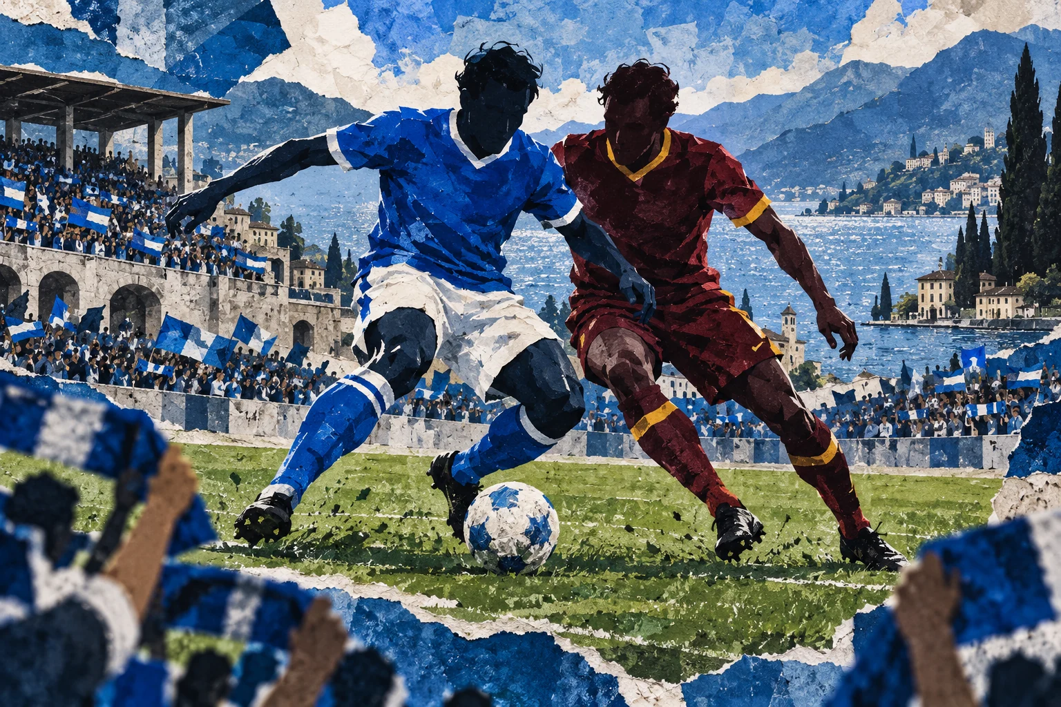 AI editorial illustration of anonymous Como-blue and Roma-burgundy players contesting the ball in a packed lakeside stadium; not a photograph of a real match.