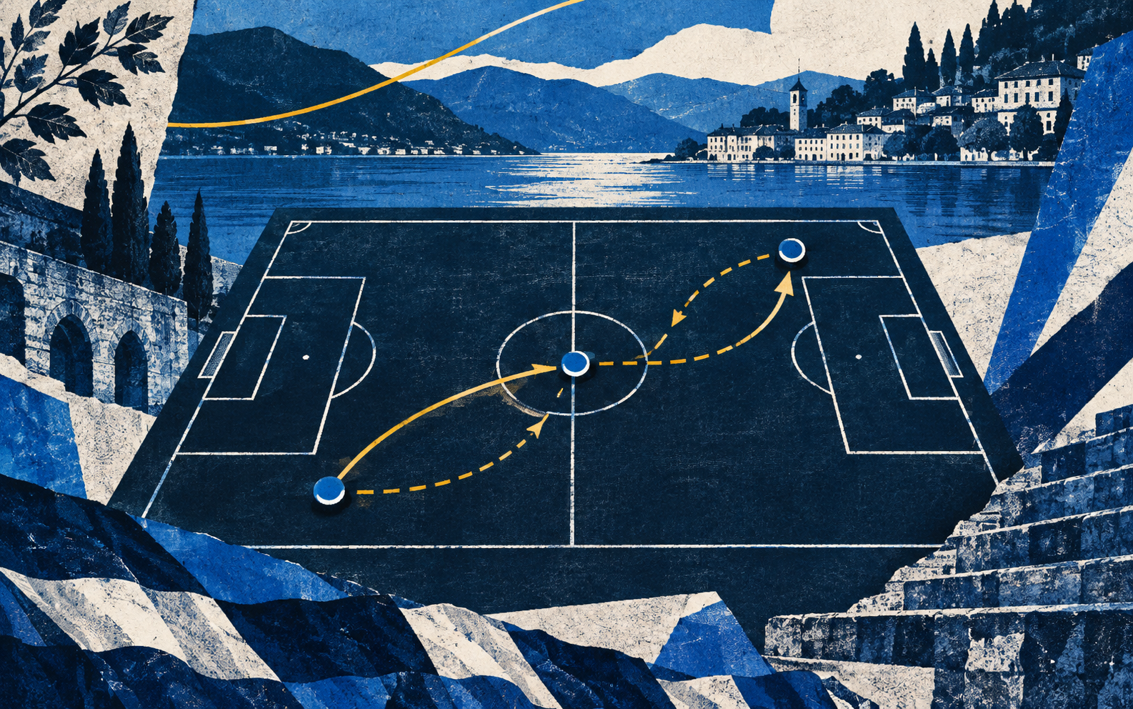 An AI editorial illustration of a tactical football pitch with three linked blue checkpoints and route lines.