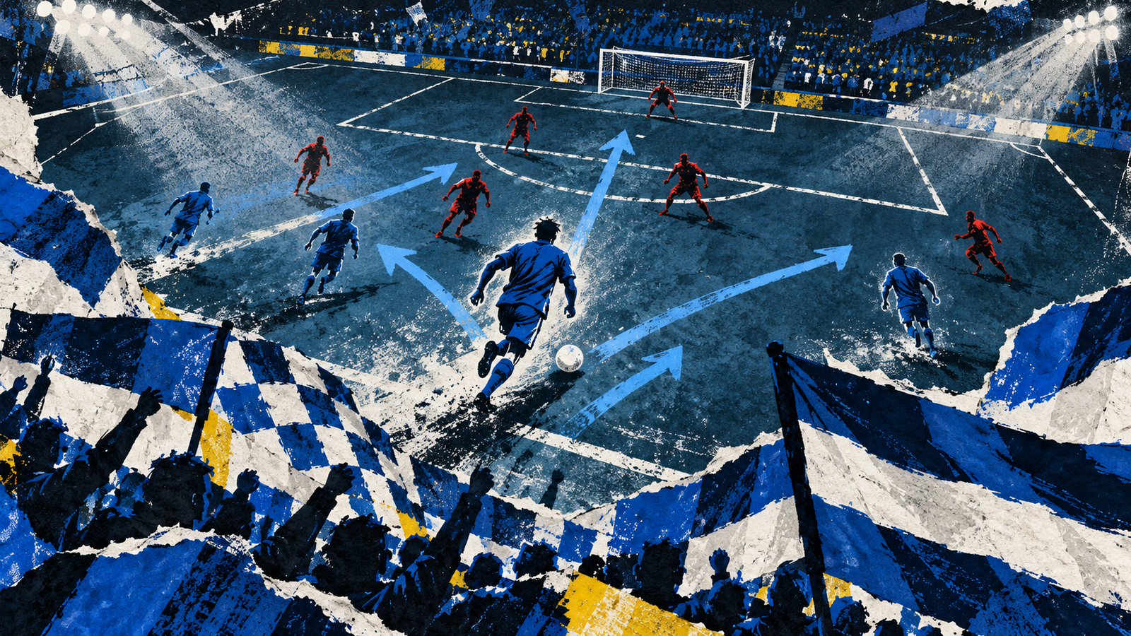 AI editorial illustration of an anonymous blue forward carrying a ball toward red defenders, with passing arrows and blue terrace flags; symbolic, not match photography.