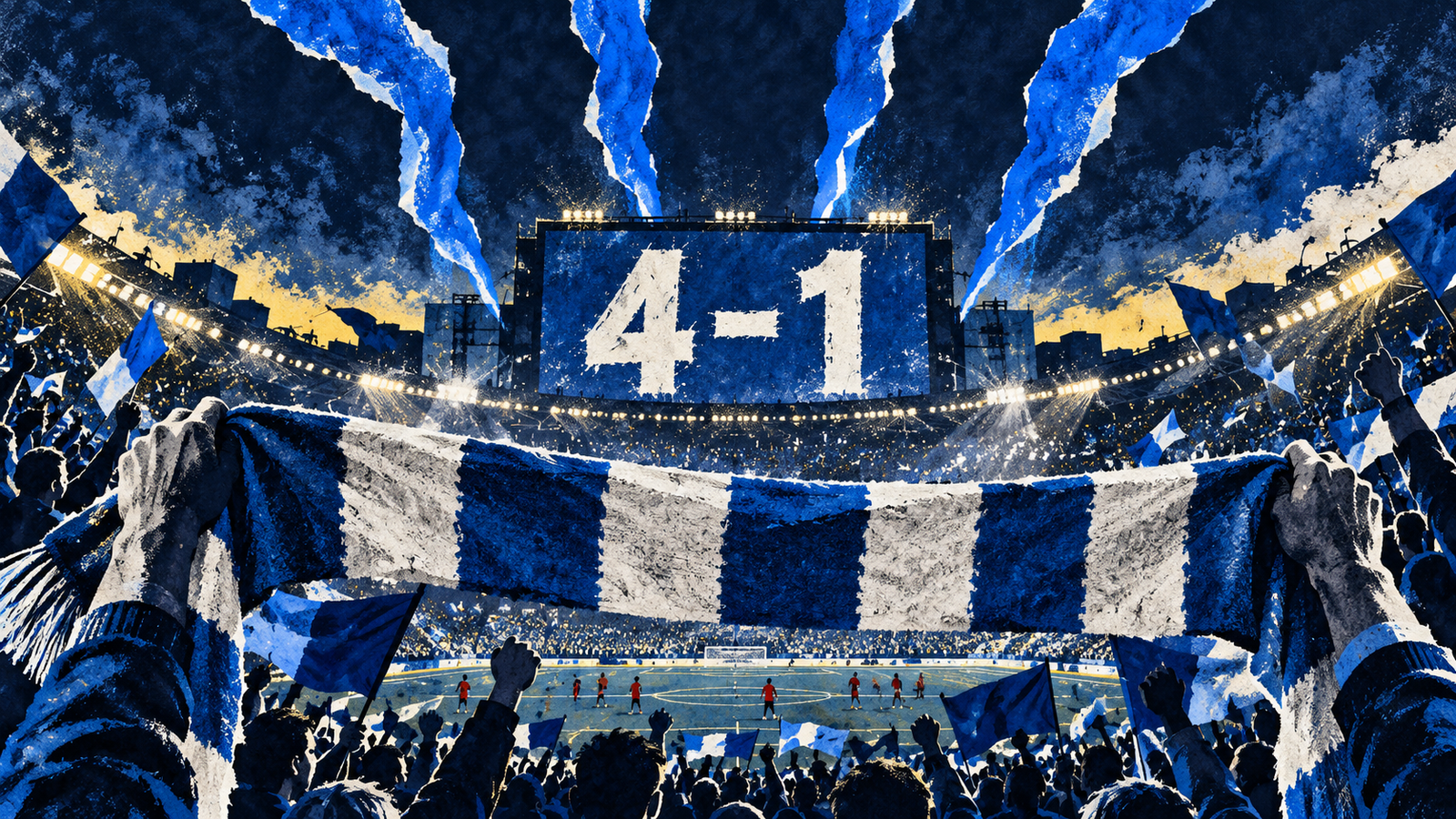 AI editorial illustration of a blue-and-white scarf beneath a symbolic 4–1 scoreboard and blue paper ribbons; not match photography.