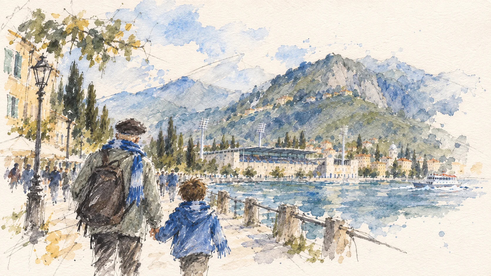 Travel-journal watercolor illustration of a parent and child walking toward a Como football match beside the lake