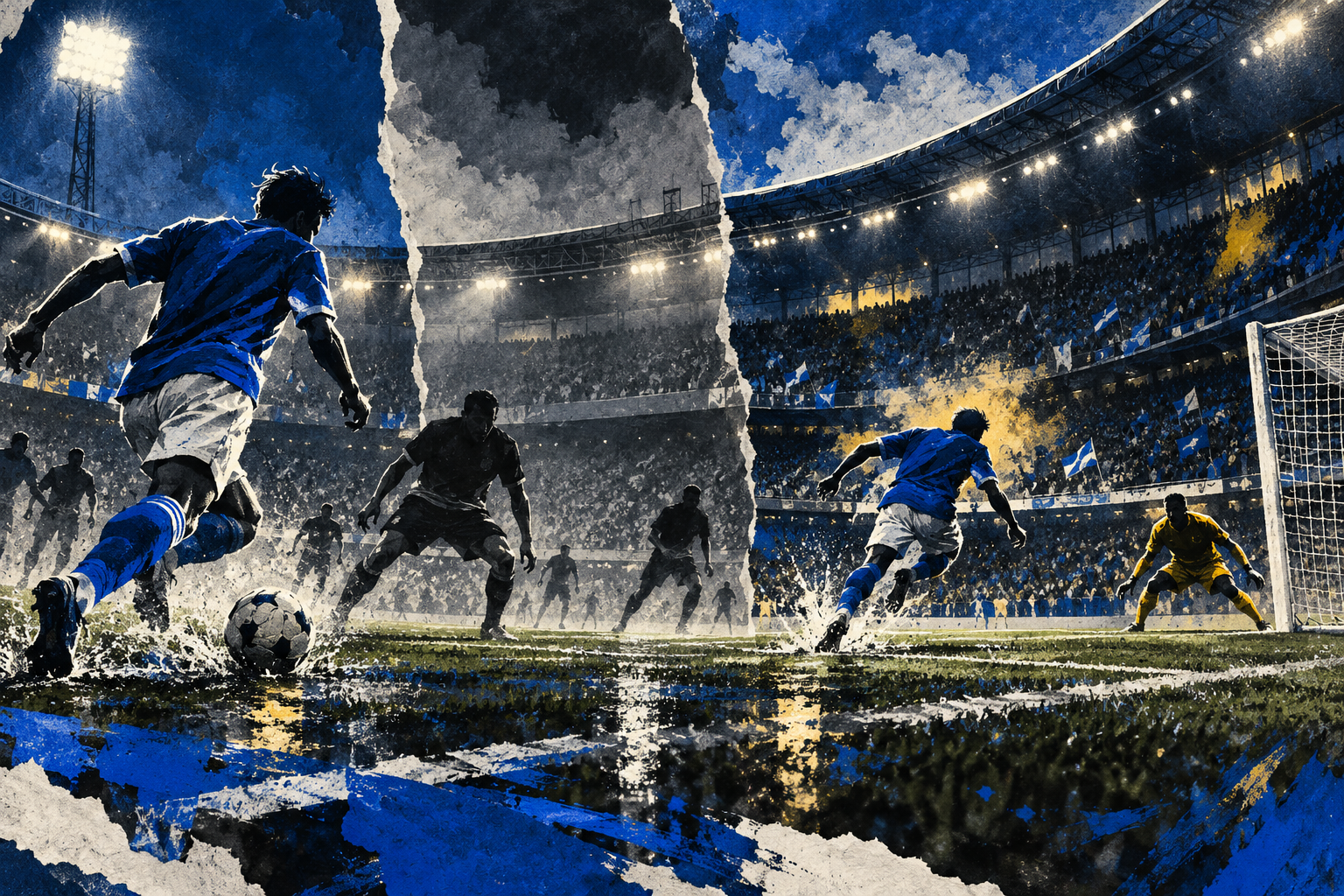 AI editorial illustration of anonymous Como-blue attackers in a floodlit Rotterdam-style stadium, with a late forward driving toward goal; symbolic, not a depiction of the match.