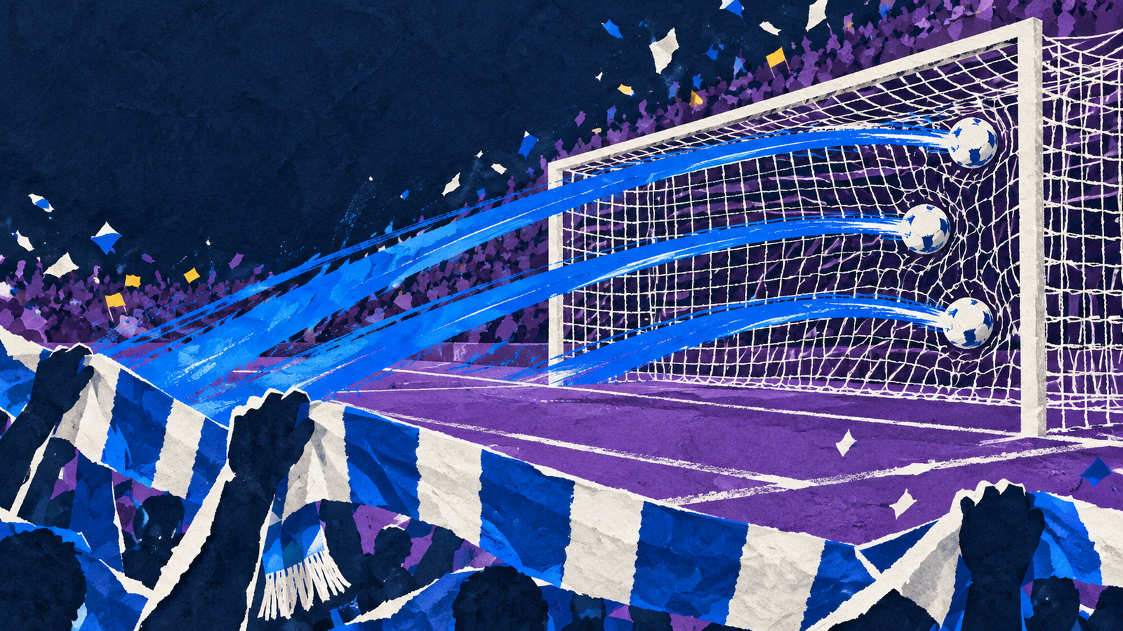 AI editorial illustration of three blue shooting trails into a goal and a raised blue-and-white scarf in a purple stadium; symbolic, not match photography.