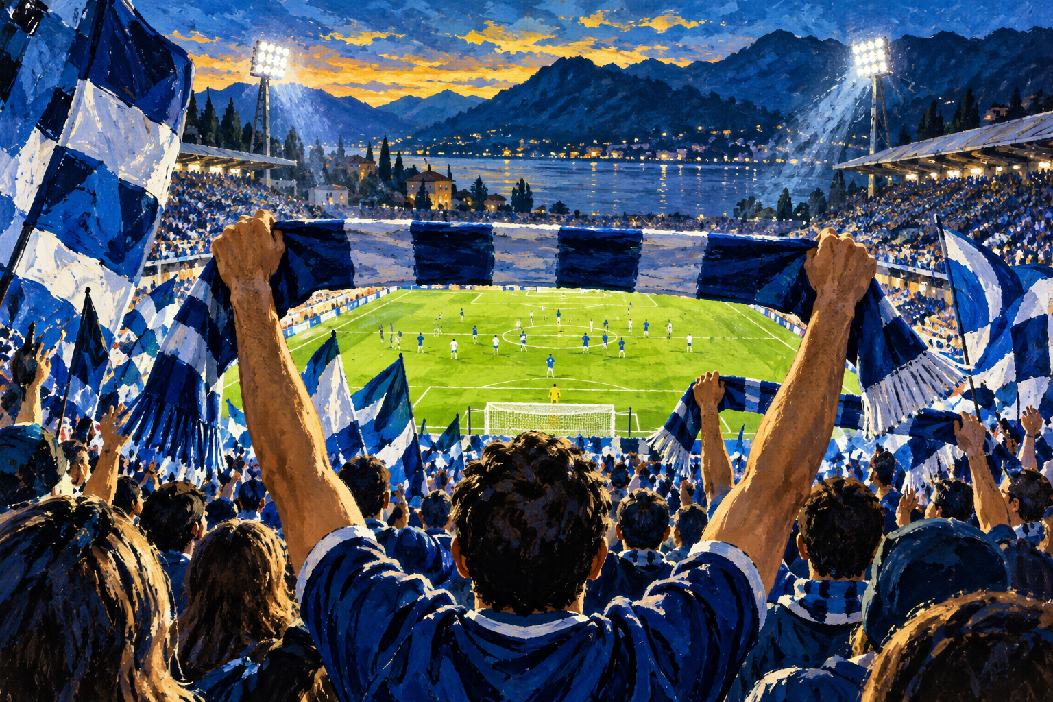 AI painted illustration of supporters raising scarves above a floodlit football pitch.