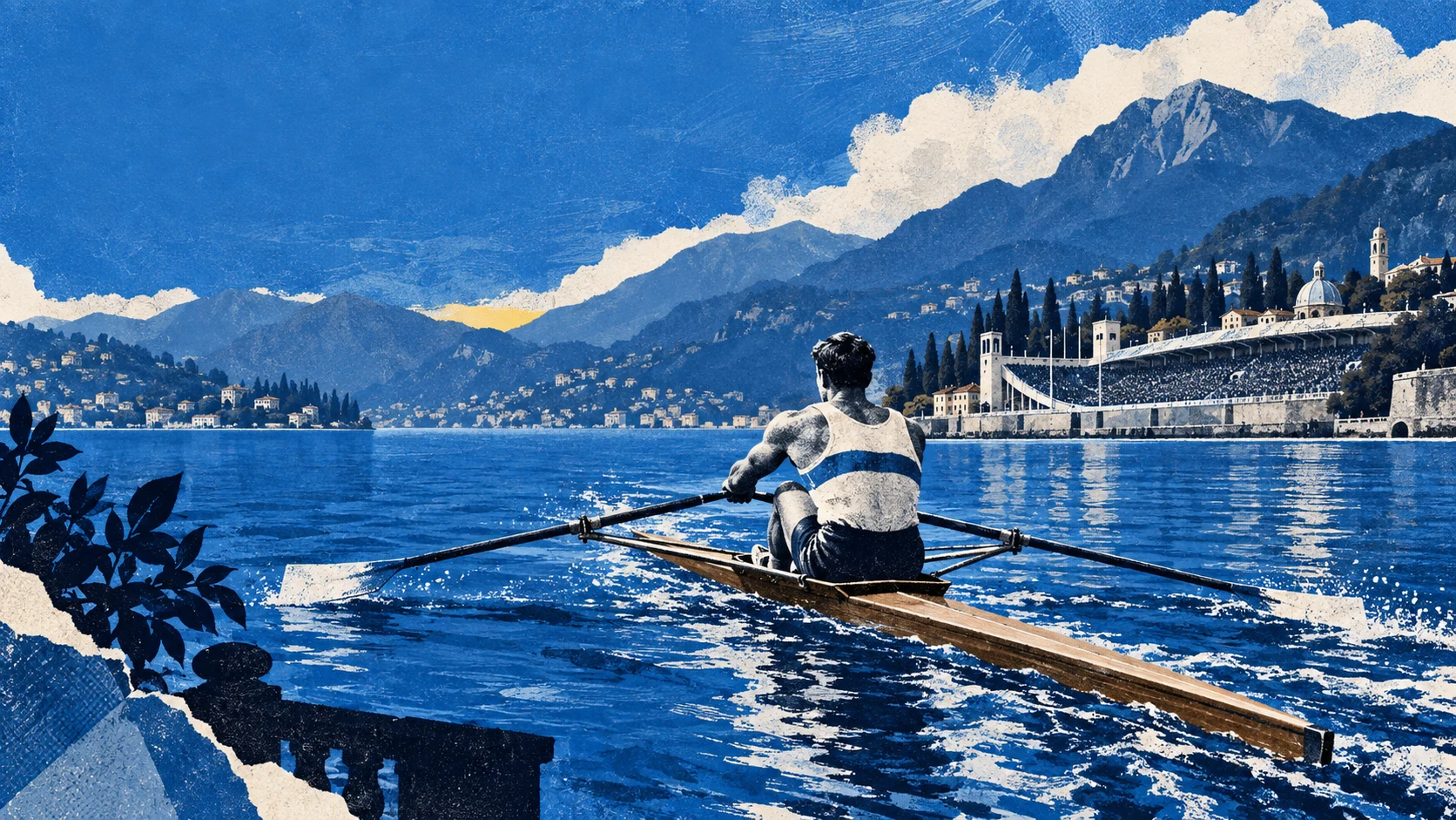 AI illustration of an early twentieth-century single sculler on Lake Como with the lakeside stadium in the distance