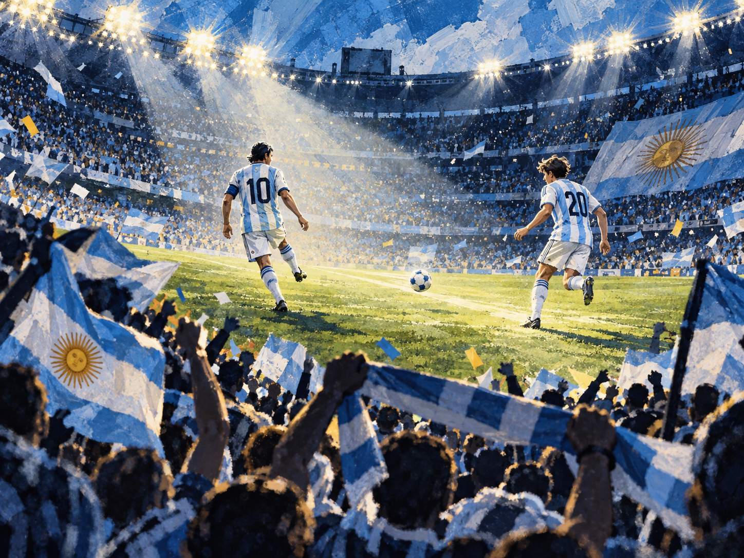 AI editorial illustration of two Argentina players seen from behind beneath stadium lights, with supporters waving sky-blue and white flags; not a photograph of the match.