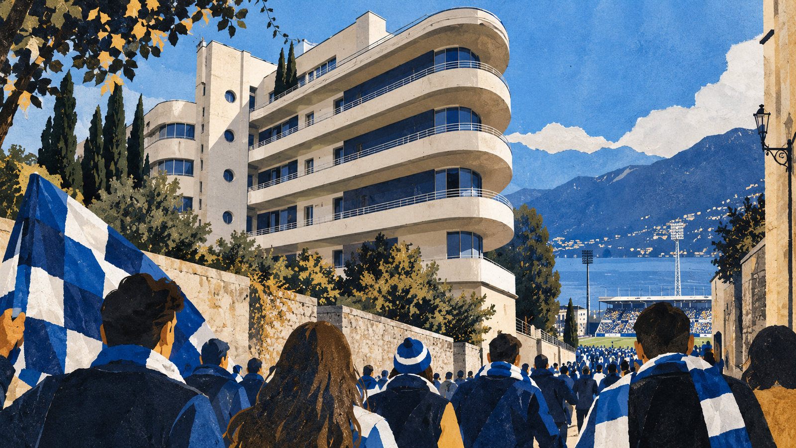 AI editorial illustration imagining a rounded modernist apartment building beside a Como matchday walk; it is not a documentary depiction of Novocomum.