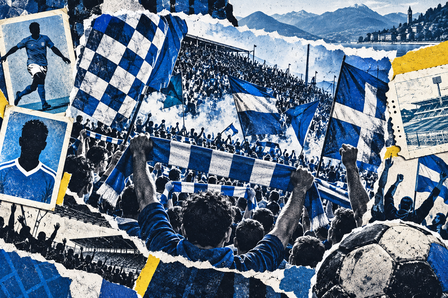 AI collage illustration of packed football terraces, raised blue-white scarves, flags and player stickers.